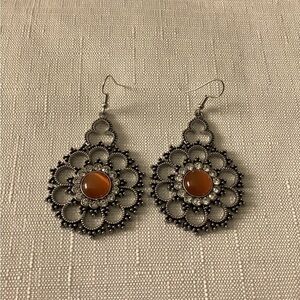 Amber Color Round SilverTone Earrings